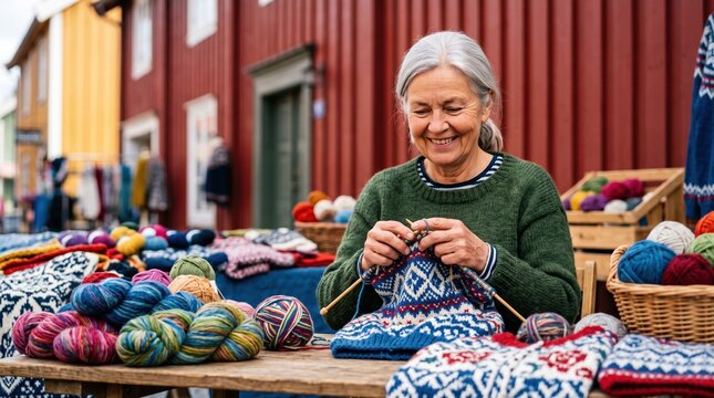 Active people running their small private business. A joyful mature female artisan knits colorful wool at her market stall.