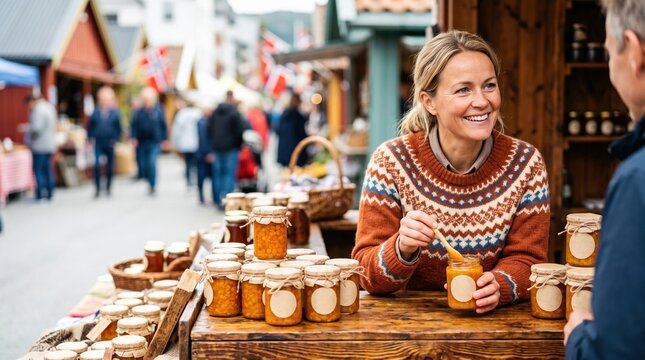 Active people running their small private business. A happy female vendor displays fresh homemade jams at her outdoor stall.