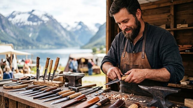 Active people running their small private business. A confident male artisan displays handmade knives at his outdoor stand.