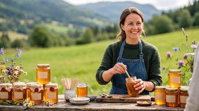 Active people running their small private business. A cheerful female vendor pours fresh golden honey at her outdoor stall.