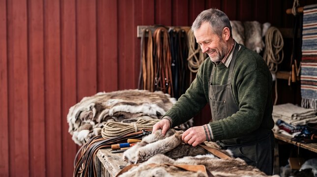 Active people running their small private business. A mature male merchant organizes soft animal furs at his wooden stall.