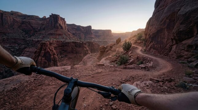 Mountain bicycle rider navigating a steep canyon trail, desert cliff landscape, active extreme sport journey, sunset wilderness downhill cycling track.
