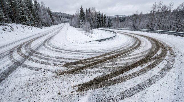 Winter Road Tire Tracks With Snow And Trees In The Background