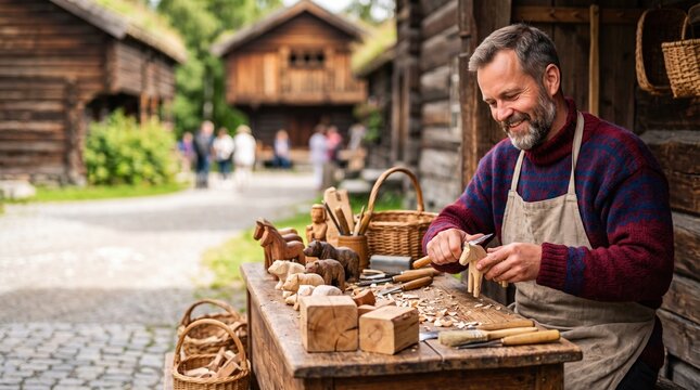 Active people running their small private business. A smiling male artisan displays handmade wooden toys at his market stand.