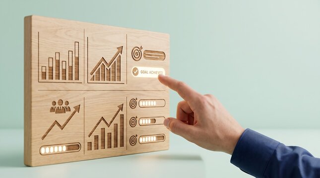 Hand interacting with a digital display showing financial data and growth charts