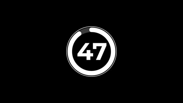 Digital circle countdown timer one hundred seconds animation from 52 to 0 seconds on black background, 52 second countdown timer concept, 52 seconds simple countdown timer animation