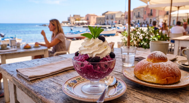 Traditional Sicilian breakfast with purple mulberry granita and brioche col tuppo served at a charming outdoor coastal cafe in Marzamemi village, Italy. 