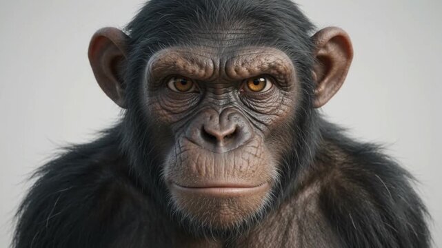 Close up portrait of a chimpanzee looking forward with intelligent eyes on a clean white studio background