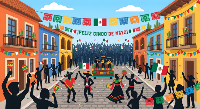 Cinco de mayo festival celebration with mariachi band, dancing people, and mexican flags on a city street