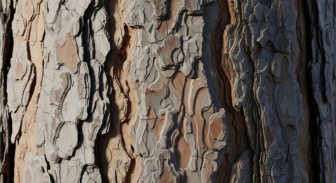 Close up view of the rough textured bark on a mature pine tree trunk surface