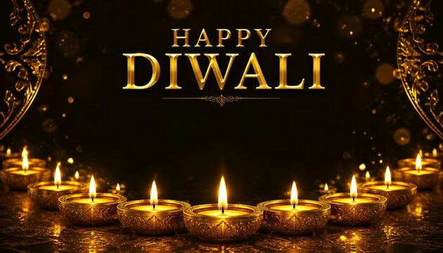 Happy diwali greeting card with glowing golden diya oil lamps and traditional light decorations on a dark background diwali festival of lights