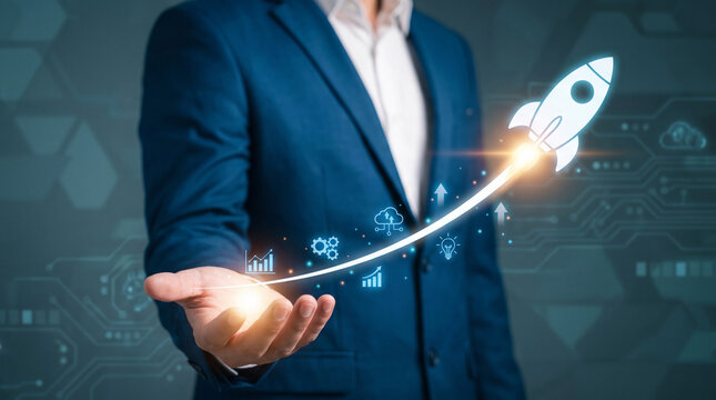 A person s hand launches a glowing rocket with digital growth icons and circuit board background