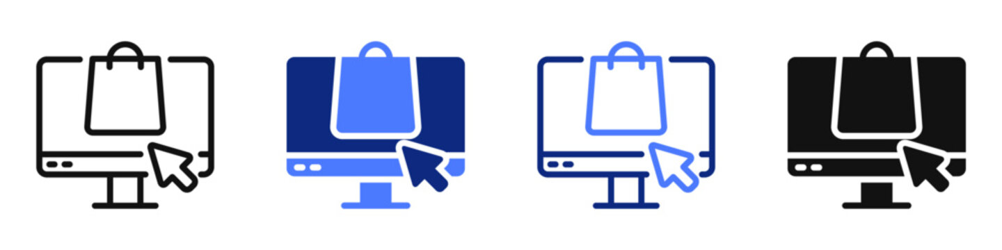 Vector icon or logo of computer monitor with shopping bag related to online shopping, commerce and retail, payment and purchase. Symbol for website or app UI, logo design, illustration