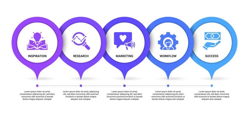Vector illustration of 5 business core values related to inspiration, research, marketing, workflow, success. Modern infographic or presentation design template
