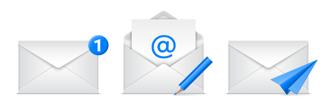 Vector illustration of opened and closed paper envelopes and letters related to e-mail and messaging. Realistic mockup or template, isolated on white background
