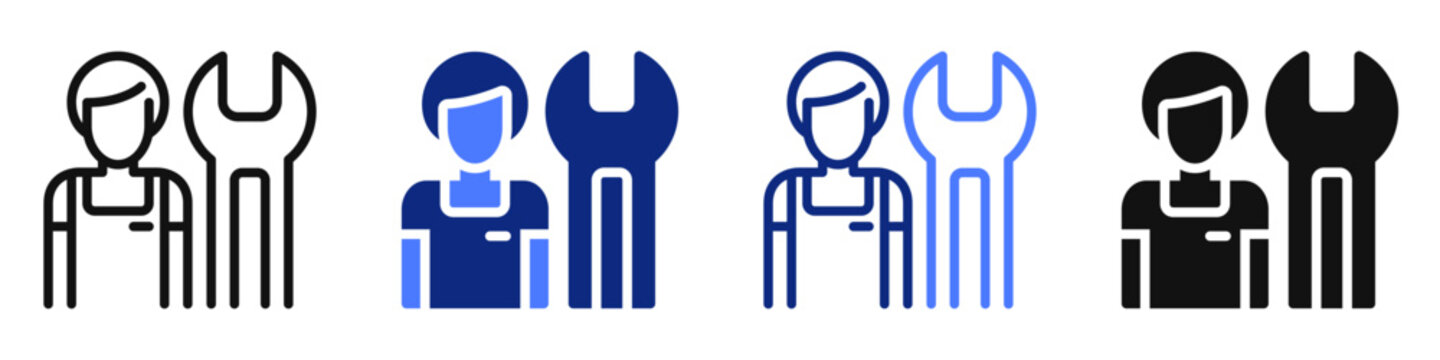 Vector icon or logo of mechanic with wrench related to auto maintenance, repairing and fixing service, setting and engineering . Symbol for website or app UI, logo design, illustration