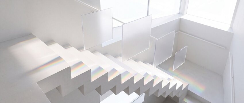 Minimalist white staircase decorated with frosted glass panels casts rainbow light reflections on stairs creating ethereal interior design.