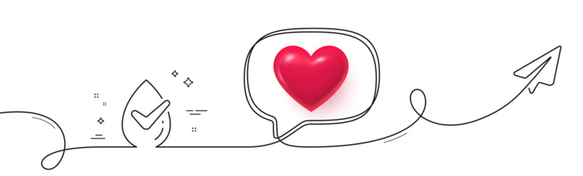 Dermatologically tested line icon. Continuous line with share plane. Organic approved sign. No synthetic symbol. 3d heart in speech bubble. Dermatologically tested single line ribbon. Vector