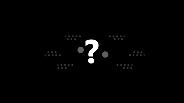 Minimalist white question mark with scattered digital dots on a black background for faq and inquiry concepts.