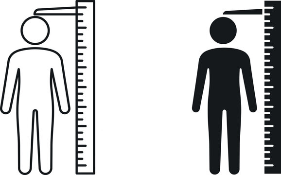 Silhouette icons of a person measuring their height using a vertical scale with height measurement