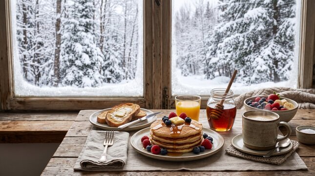 Delicious breakfast with pancakes, coffee, and toast served near a window with a snowy forest view