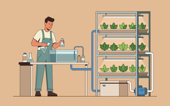 Scientist working with hydroponic vertical farm system