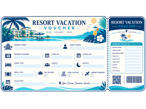 Resort vacation voucher with tropical paradise design and booking details for travel planning
