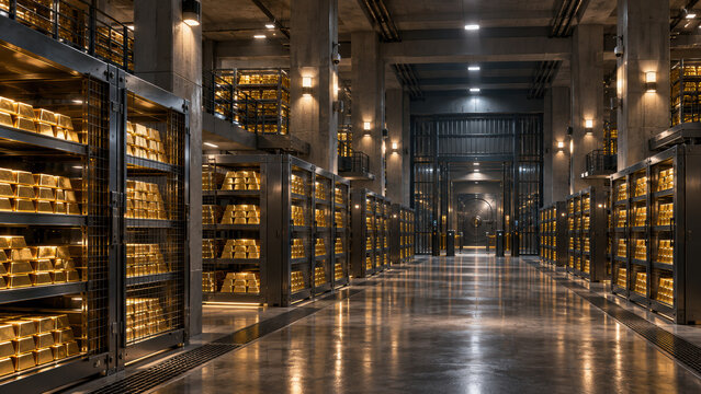 Gold reserve security vault corridor interior, gold bar storage room with security vault and reserve archive