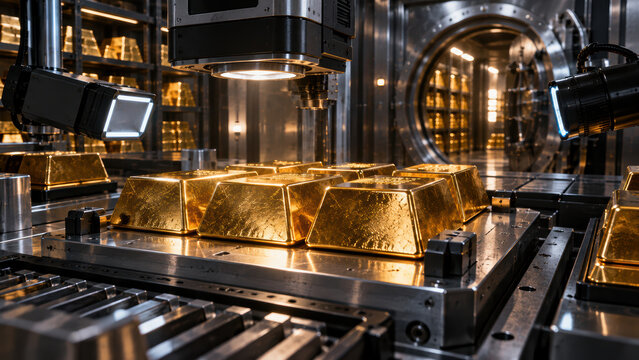 Gold reserve security vault warehouse metal bar luxury wealth investment industry machine