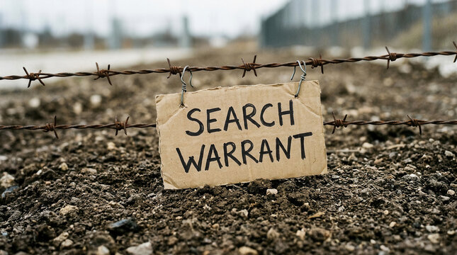 Search Warrant Sign Attached To Barbed Wire Over Gritty Ground