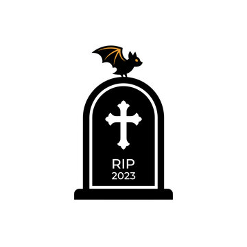 Halloween tombstone with bat, RIP 2023 illustration