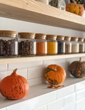 Cozy Autumn Kitchen Shelving with Pumpkins and Spices