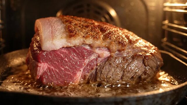 Delicious roast beef cooking in the oven