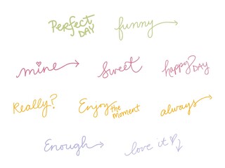 Hand written typography sticker set featuring motivational quotes and cursive phrases like perfect day, sweet, happy day, and love it isolated on white background © Raffy
