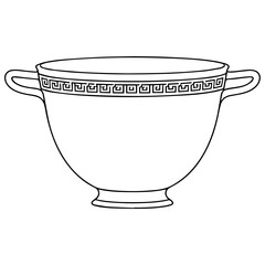 Ancient Greek cup in clean outline style with two side handles, round bowl shape, small foot base and decorative meander ornament. Perfect for archaeology designs, classical history illustrations. © Serghej