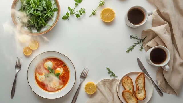 Fresh Tomato Herb Soup, Shakshuka Eggs, Citrus, Coffee, and Bread Breakfast Table