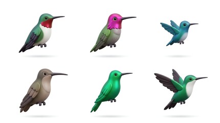 Fototapeta premium Colorful Hummingbirds Set Bright Vibrant Small Birds Illustration
