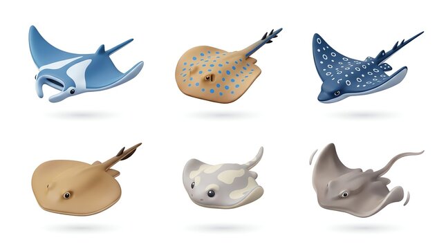 Collection of Cartoon Stingray and Skate Fish Illustrations in Bright Colors