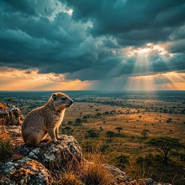 A rock hyrax standing alert on the edge of a cliff overlooking the Kenyan plains