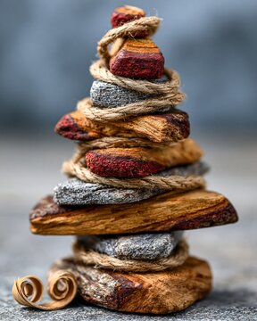 Vertical Rustic handcrafted macro photo of a miniature Christmas tree made from stacked wood and stone wrapped in jute twine, showcasing a natural, earthy texture. Alternative eco-friendly holiday cra
