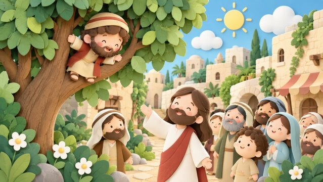 Cartoon biblical illustration Jesus meeting Zacchaeus in tree, joyful spiritual design for Easter, Christmas, faith and family celebrations