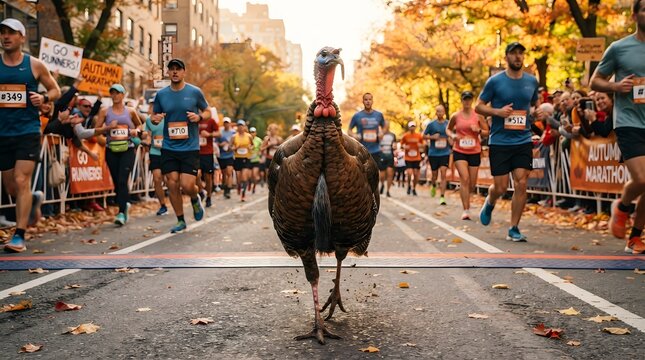 A majestic turkey strides confidently down a busy city street on thanksgiving day