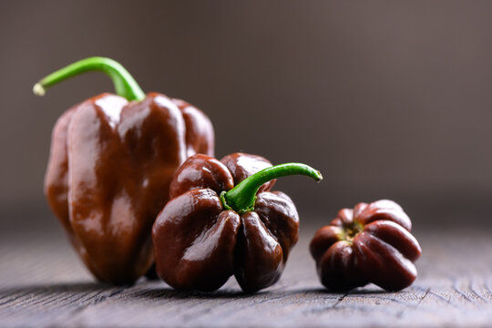 Chocolate habanero peppers arranged on wooden surface with depth. Fresh chili pods natural composition soft background