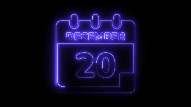 December twentieth neon calendar date animation for christmas holiday and winter season