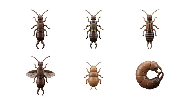 Set of Six Different Types of Termites and a Larva on White Background