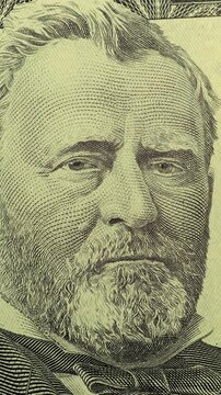 Ulysses S. Grant portrait on fifty dollar bill. Grant portrait fills fifty dollar bill detail with shifting color and fine engraving. 