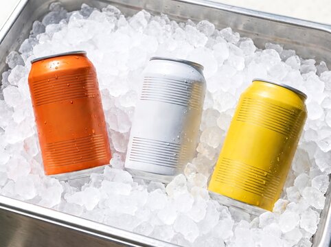 Three colorful beverage cans chilling in a metal container filled with ice