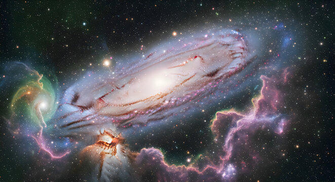 A stunning digital illustration showing a vibrant spiral galaxy surrounded by colorful cosmic nebulae and bright stars in deep space
