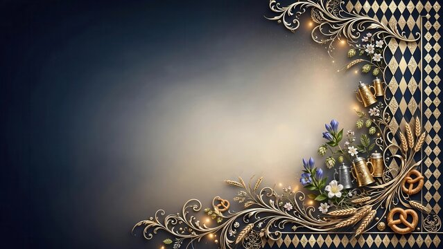 Elegant Bavarian festival background with gold ornaments and beer mugs