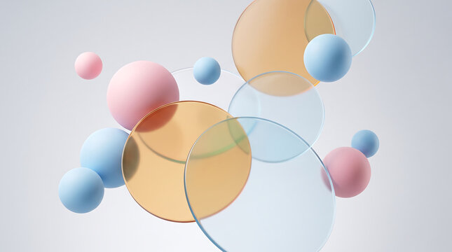 Abstract 3d composition with floating colorful spheres and translucent glass circles